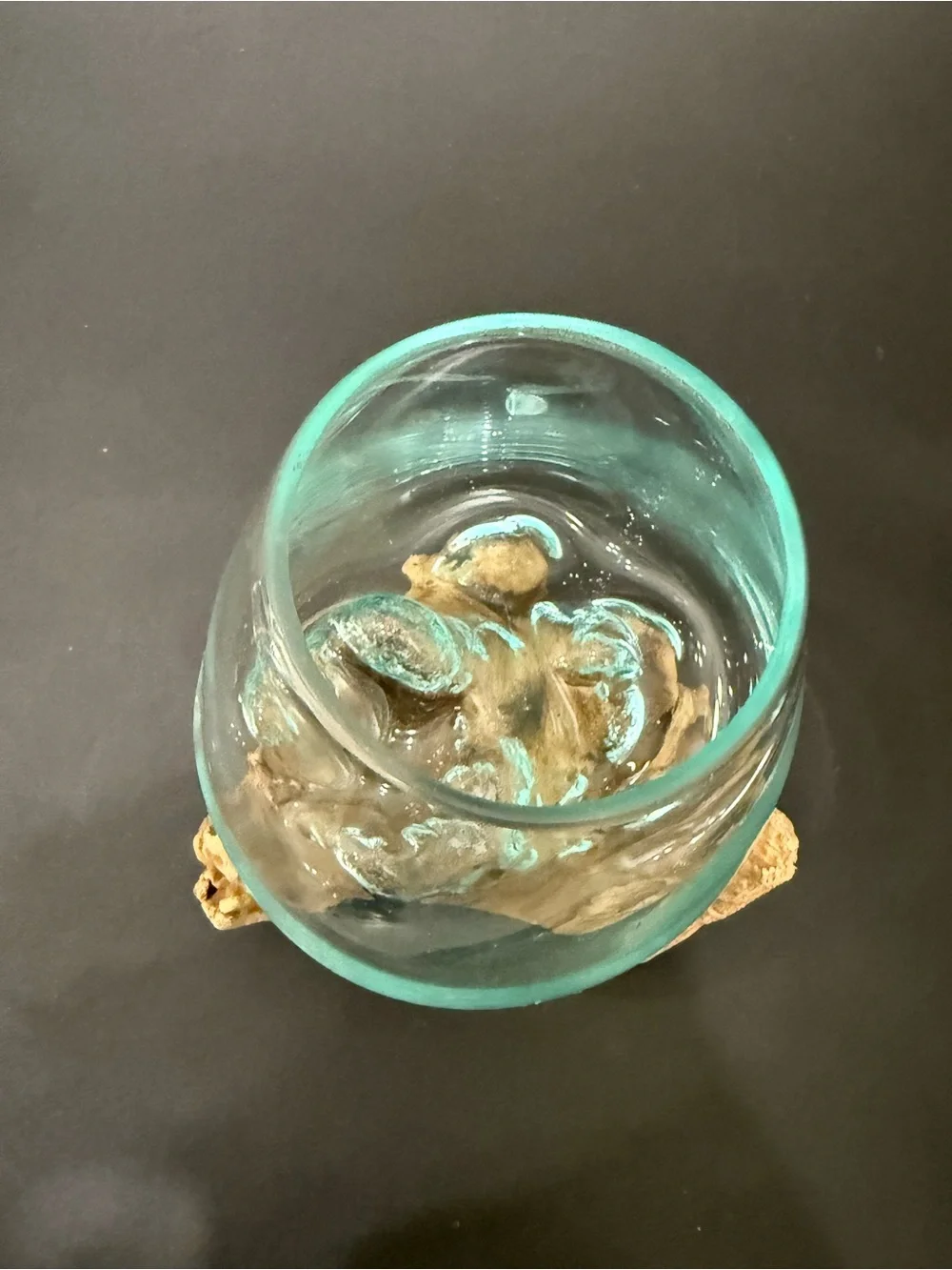 Handcrafted Molten Glass Vase Bowl on Custom Molded Organic Teak Driftwood Base